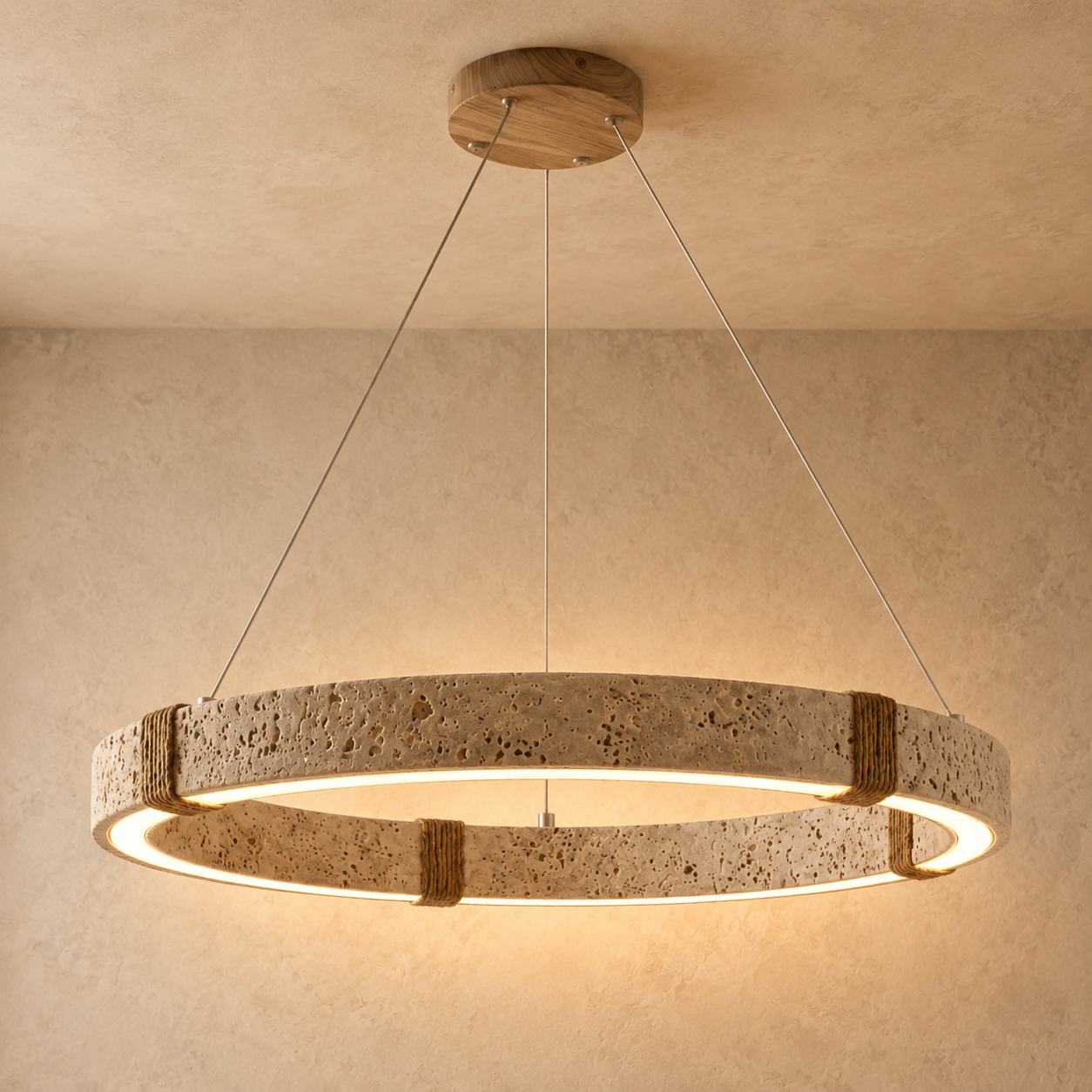 Ringo Round Travertine Ring Chandelier | Organic Modern LED Pendant for Dining & Living Rooms