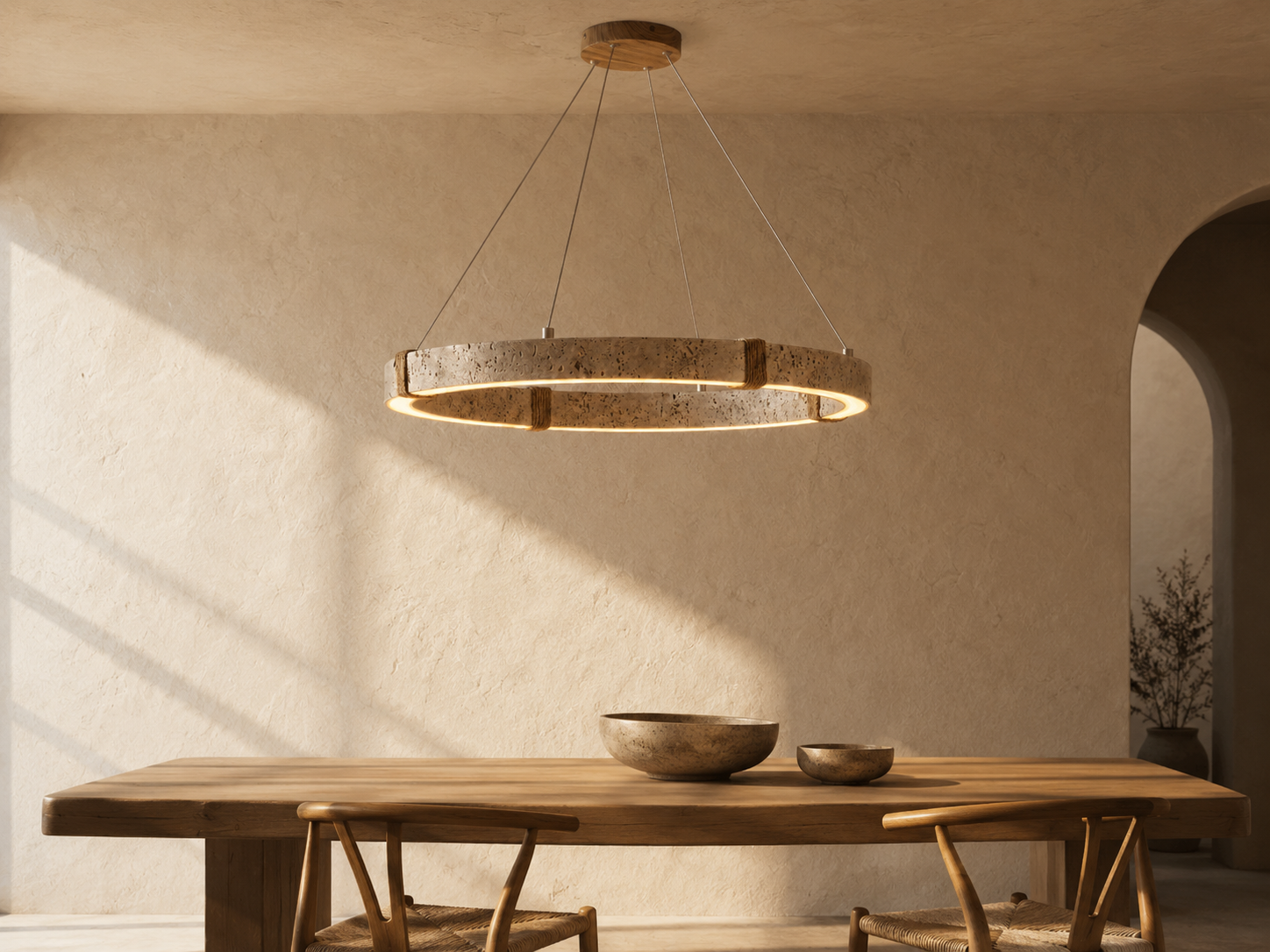 Ringo Round Travertine Ring Chandelier | Organic Modern LED Pendant for Dining & Living Rooms