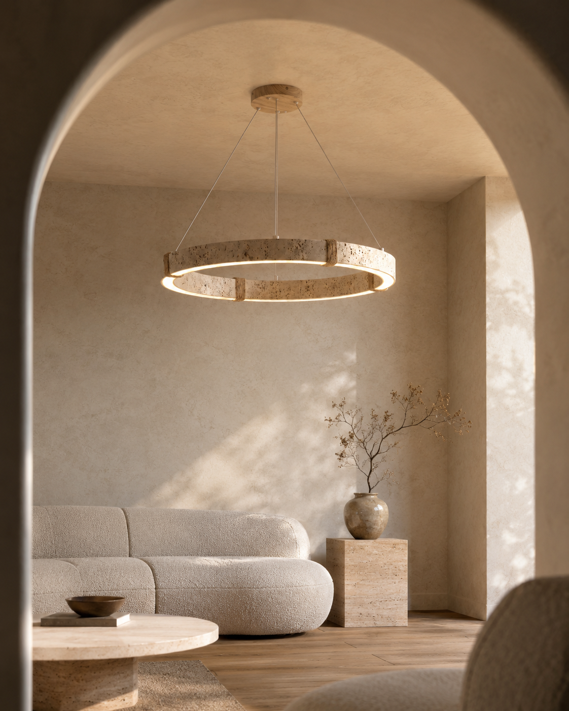Ringo Round Travertine Ring Chandelier | Organic Modern LED Pendant for Dining & Living Rooms