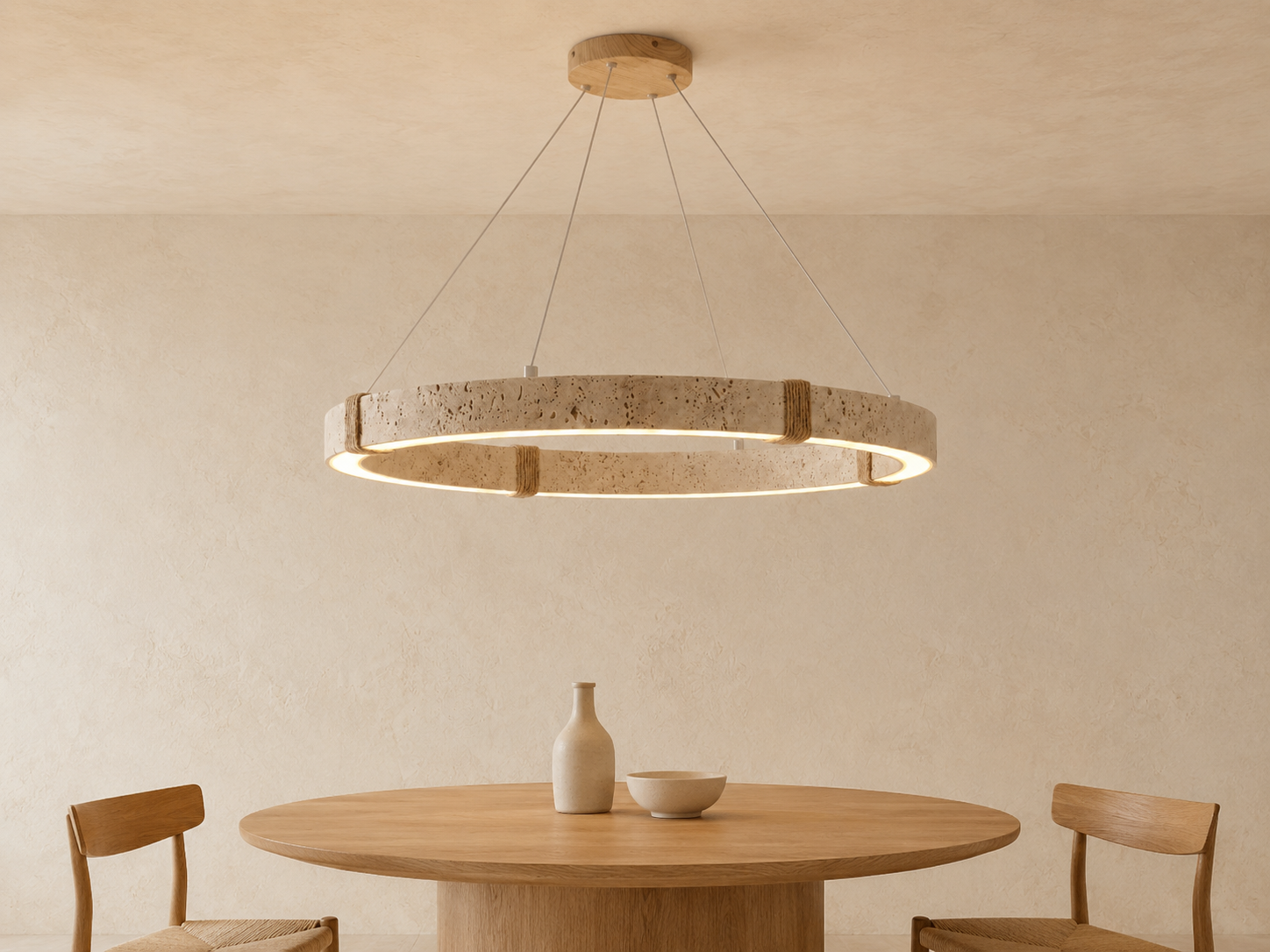 Ringo Round Travertine Ring Chandelier | Organic Modern LED Pendant for Dining & Living Rooms