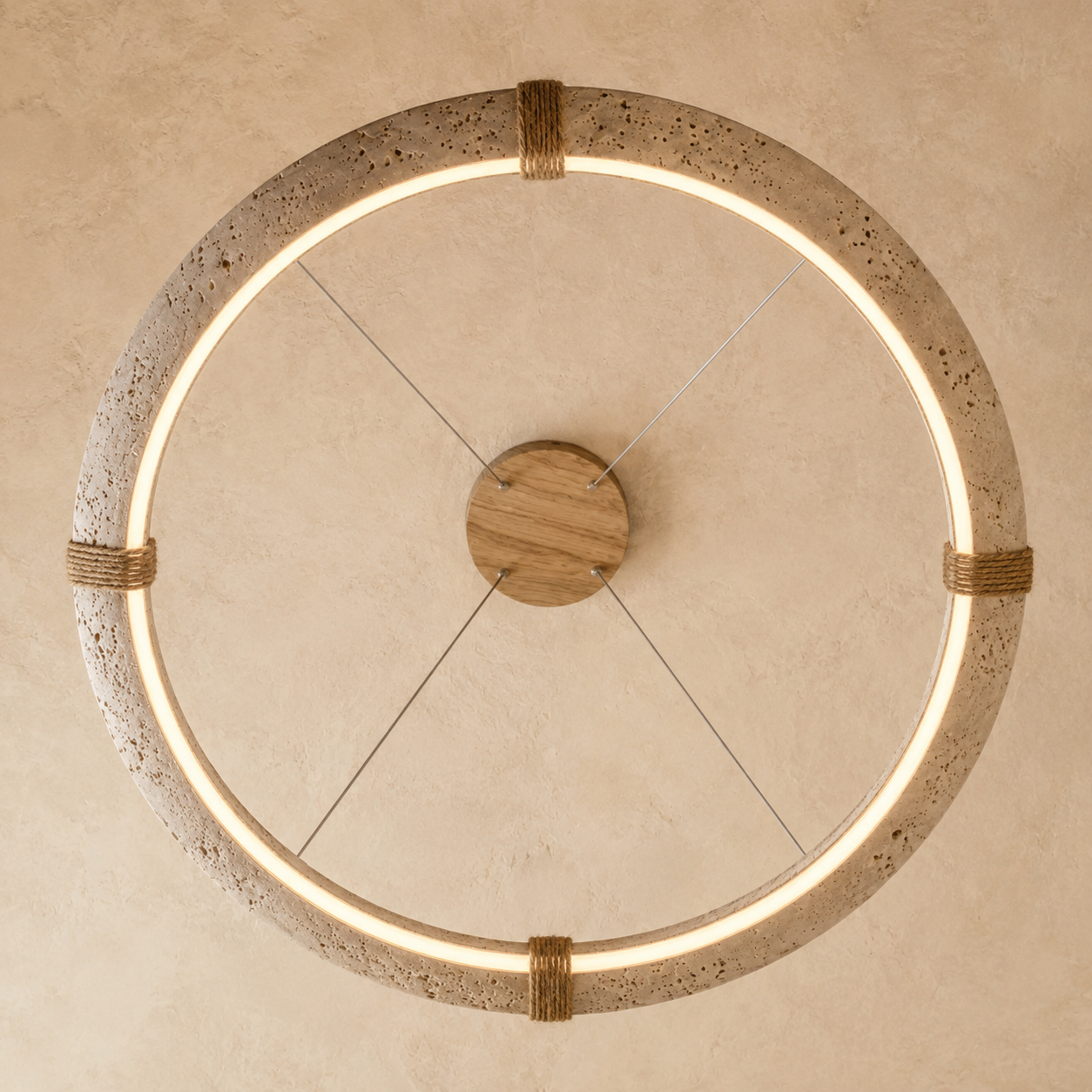 Ringo Round Travertine Ring Chandelier | Organic Modern LED Pendant for Dining & Living Rooms