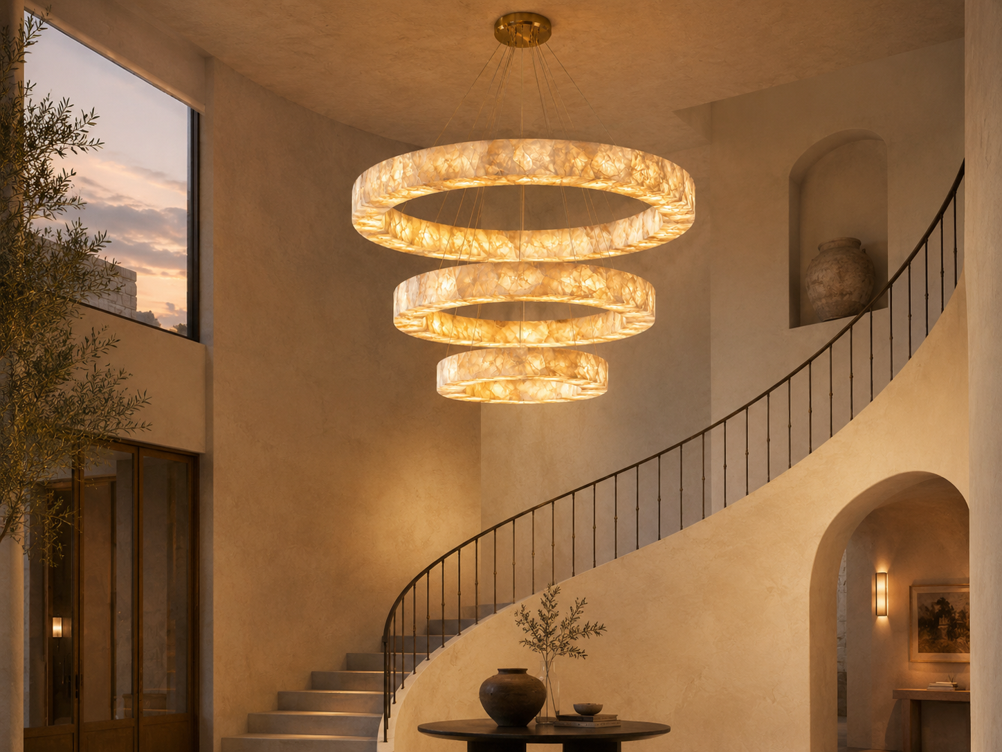 Alabaster Ring Chandelier Stefani – 1/2/3-Tier Round LED Halo Light for Living Room, Dining Room & Foyer