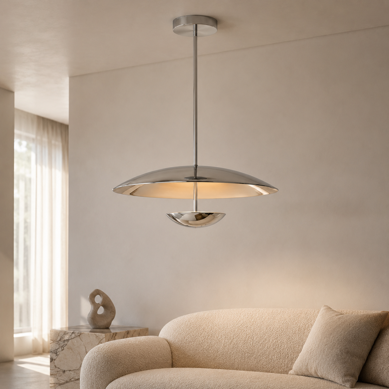 Voryn Wide Brass Pendant Light | Mid-Century Layered Dome Pendant for Dining Table & Kitchen Island
