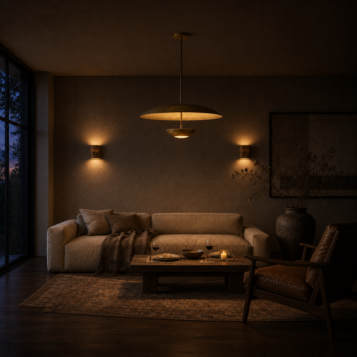Voryn Wide Brass Pendant Light | Mid-Century Layered Dome Pendant for Dining Table & Kitchen Island