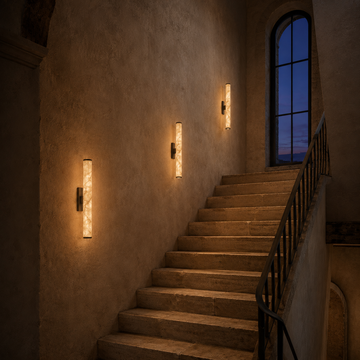 Falynis Alabaster Wall Sconce — Cylinder Wall Light with Brass-Finished Base, 11.8" to 31.4", Integrated LED, Hallway & Bedroom
