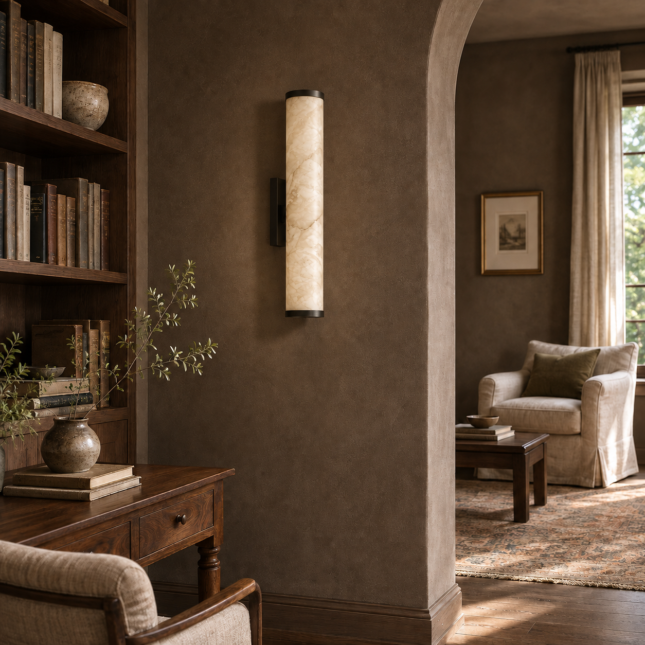 Falynis Alabaster Wall Sconce — Cylinder Wall Light with Brass-Finished Base, 11.8" to 31.4", Integrated LED, Hallway & Bedroom