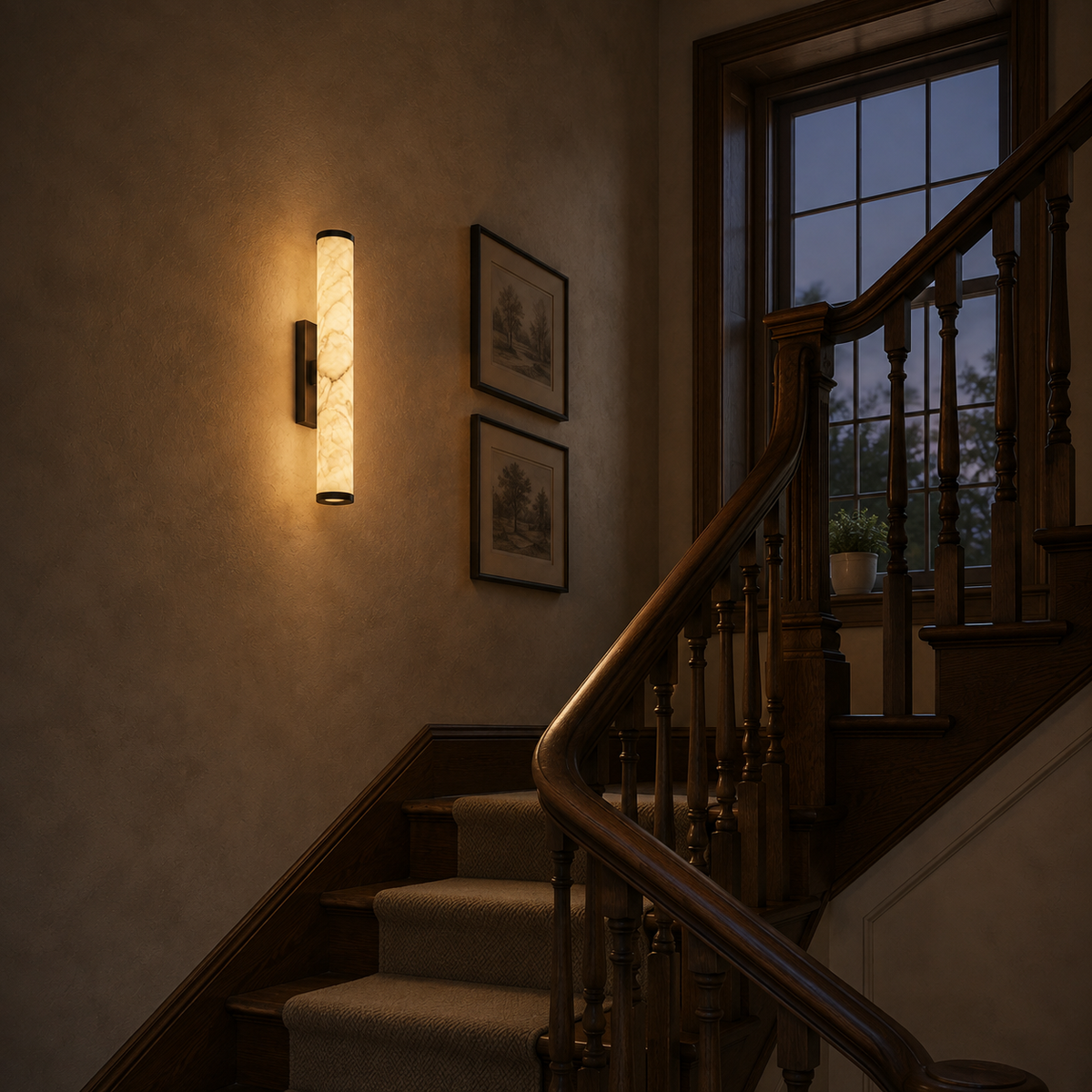 Falynis Alabaster Wall Sconce — Cylinder Wall Light with Brass-Finished Base, 11.8" to 31.4", Integrated LED, Hallway & Bedroom