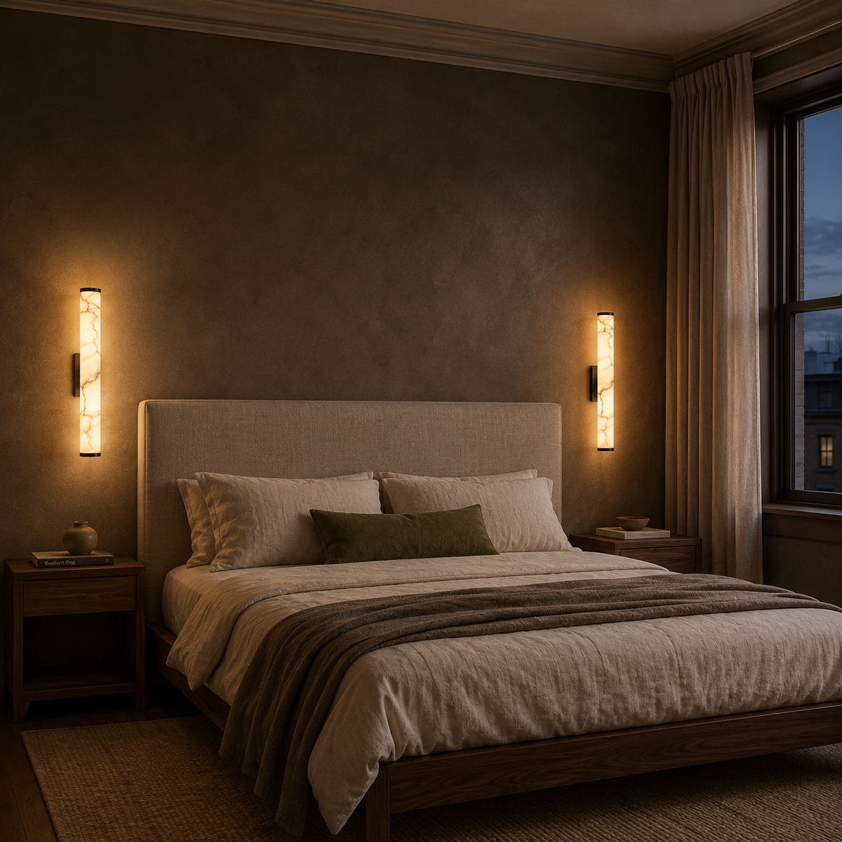 Falynis Alabaster Wall Sconce — Cylinder Wall Light with Brass-Finished Base, 11.8" to 31.4", Integrated LED, Hallway & Bedroom