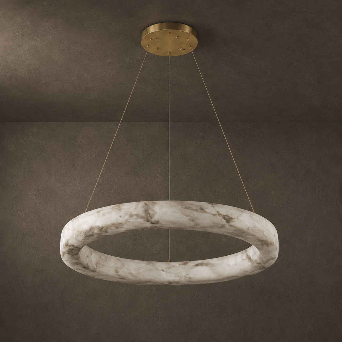 Kyklos Alabaster Ring Chandelier - Round LED Halo Pendant Light with Brass Canopy for Dining Room, Living Room & Bedroom