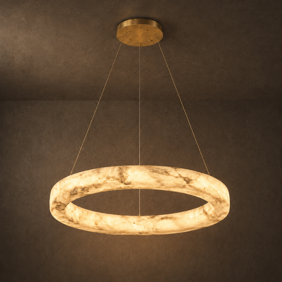 Kyklos Alabaster Ring Chandelier - Round LED Halo Pendant Light with Brass Canopy for Dining Room, Living Room & Bedroom
