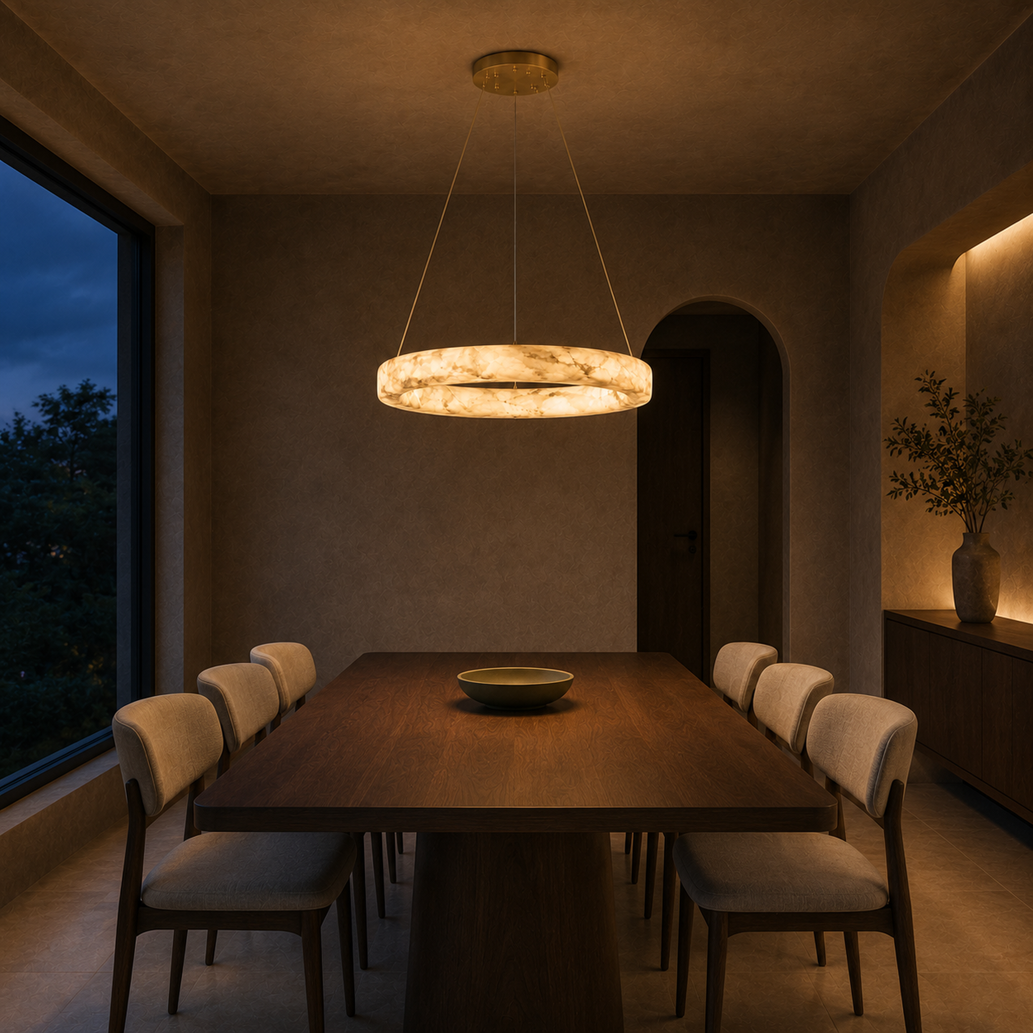 Kyklos Alabaster Ring Chandelier - Round LED Halo Pendant Light with Brass Canopy for Dining Room, Living Room & Bedroom