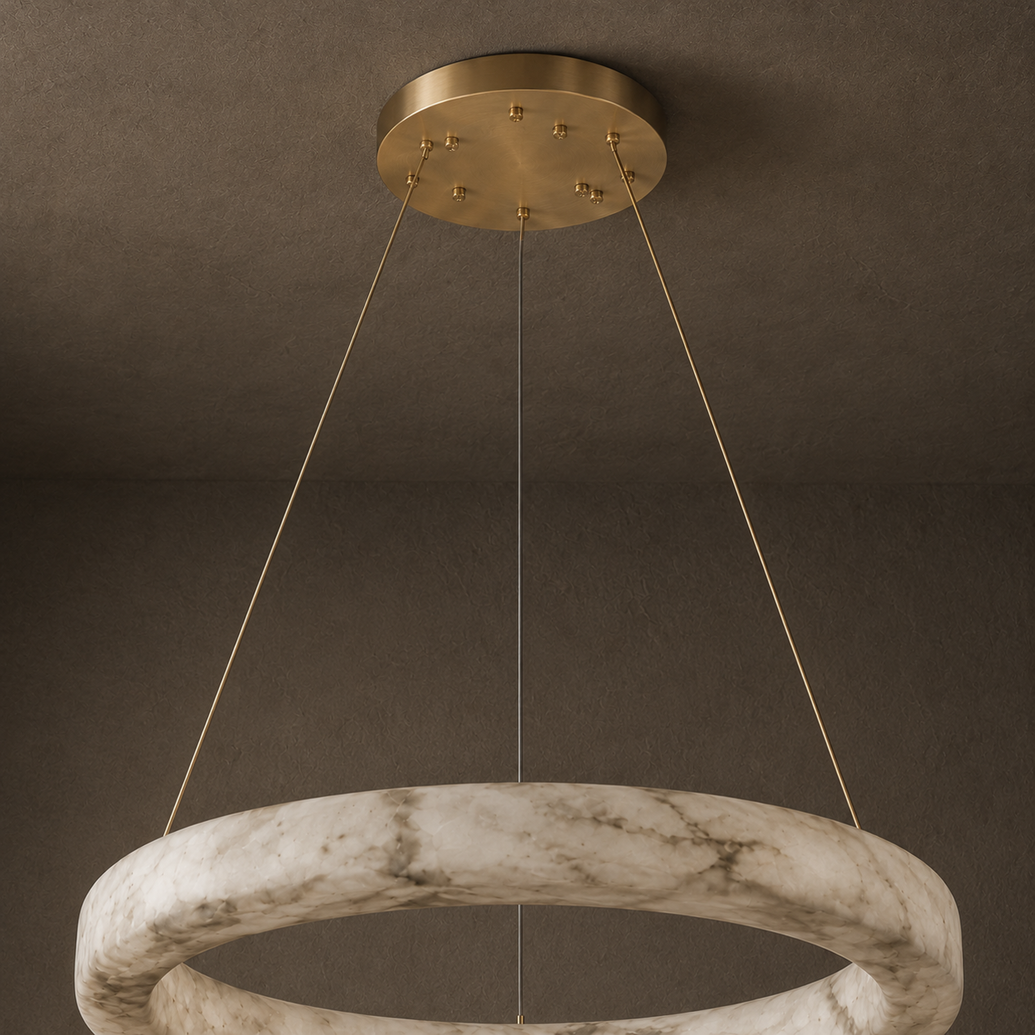 Kyklos Alabaster Ring Chandelier - Round LED Halo Pendant Light with Brass Canopy for Dining Room, Living Room & Bedroom