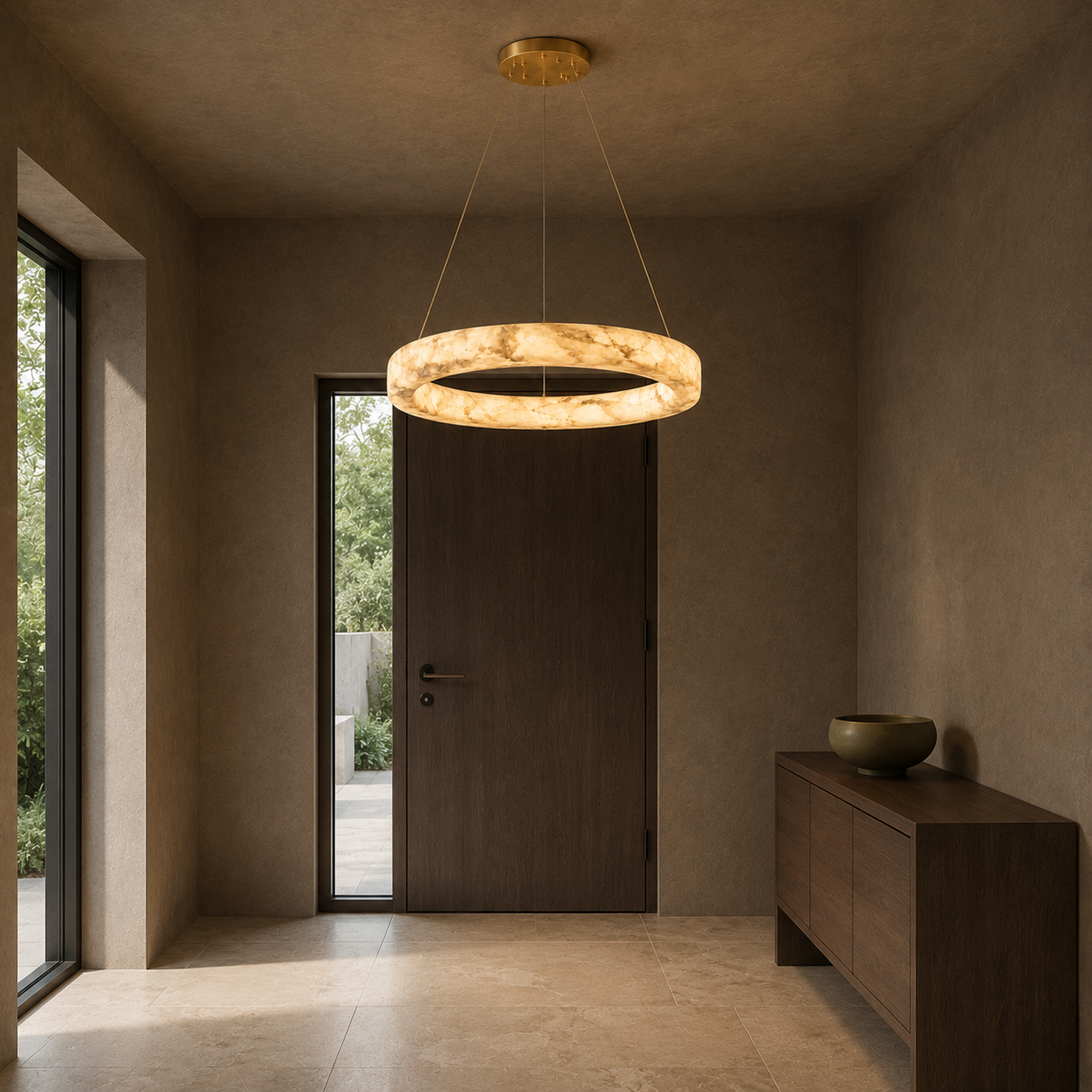 Kyklos Alabaster Ring Chandelier - Round LED Halo Pendant Light with Brass Canopy for Dining Room, Living Room & Bedroom