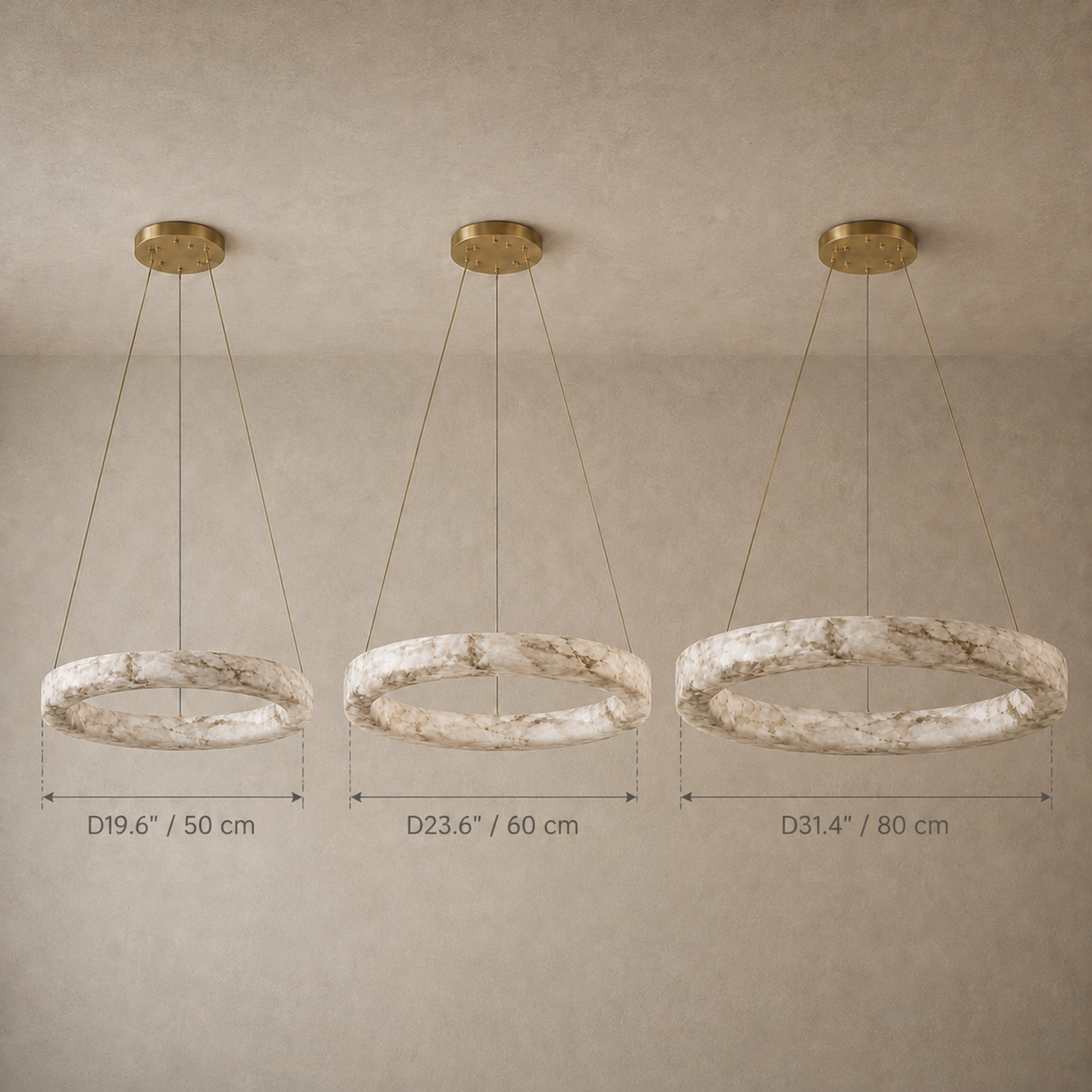 Kyklos Alabaster Ring Chandelier - Round LED Halo Pendant Light with Brass Canopy for Dining Room, Living Room & Bedroom