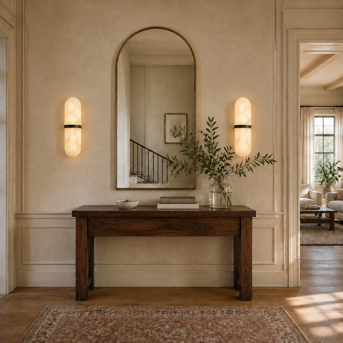 Marmo Alabaster Wall Sconce — Natural Spanish Alabaster & Brass Cylinder Wall Light, 15.7", Brass or Black, Bedside & Hallway