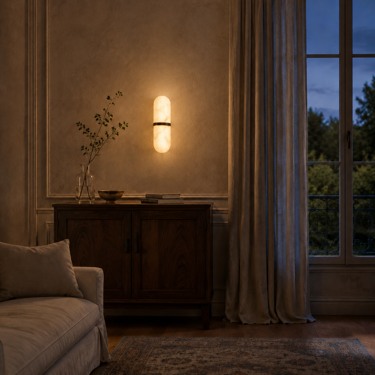 Marmo Alabaster Wall Sconce — Natural Spanish Alabaster & Brass Cylinder Wall Light, 15.7", Brass or Black, Bedside & Hallway