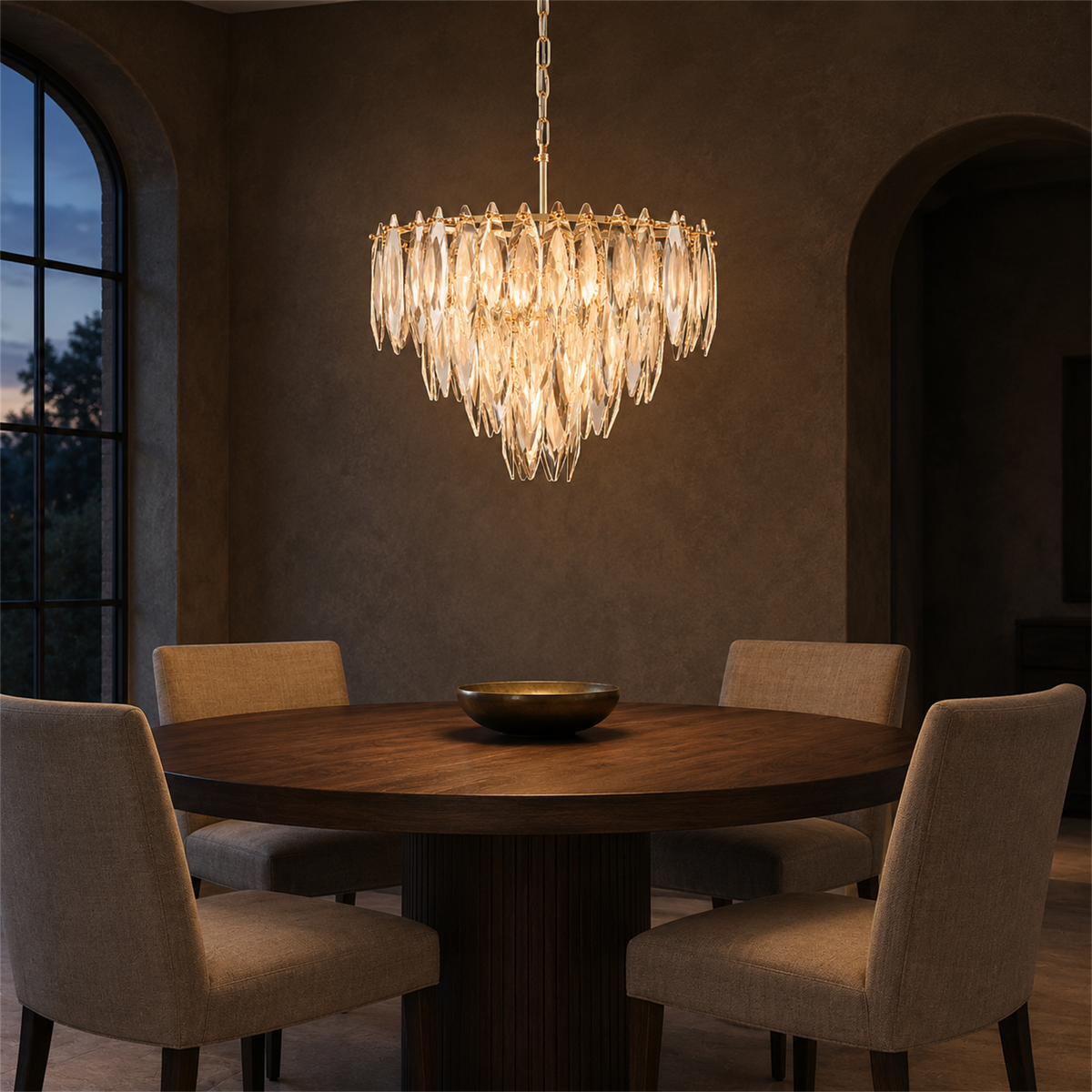 Multi-layers Crystal Chandelier, Classic Circle Frames and Leaf Shape Crystal Pendant Light for Dining Room, Living Room, Bedroom