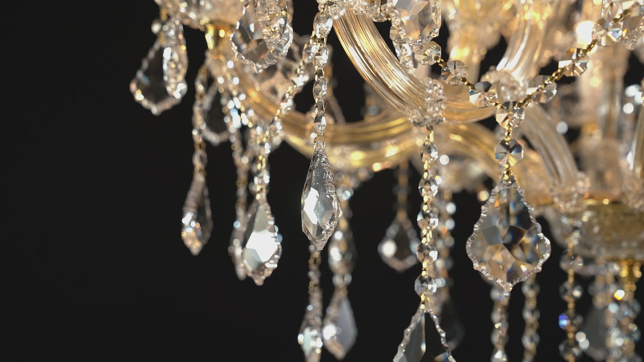 Close-up video of sparkling K9 crystal drops on chandelier