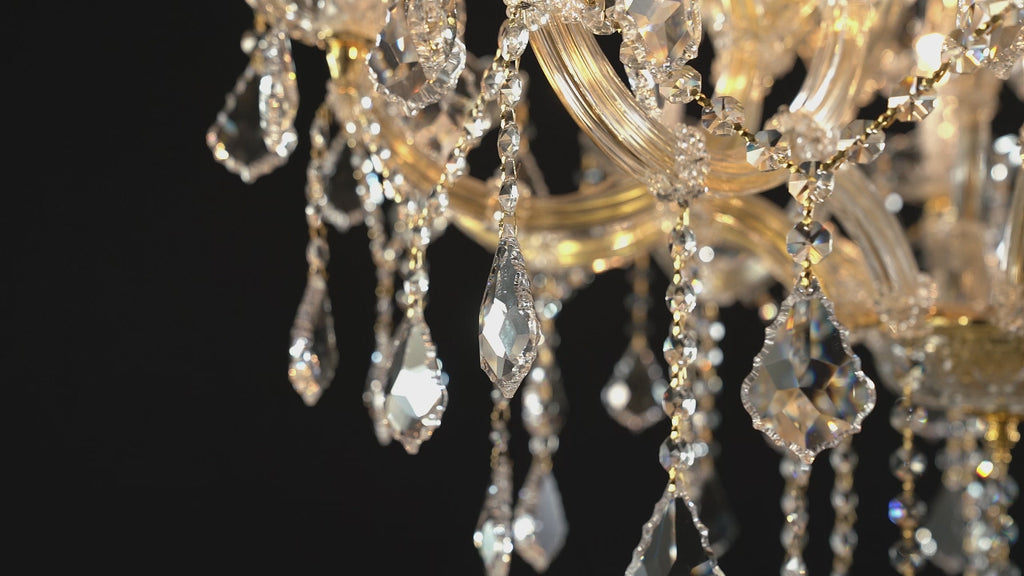 Close-up video of sparkling K9 crystal drops on chandelier